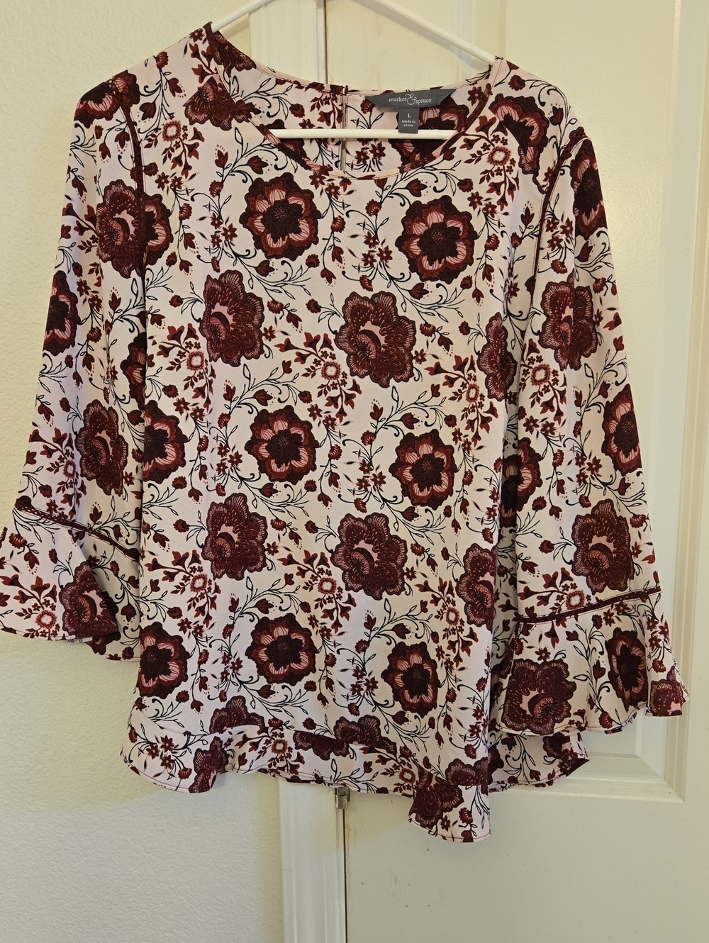 Market & Spruce Cream Blouse with Burgundy Floral Print